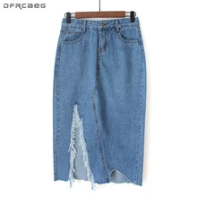 Мода Harajuku юбка Для женщин летние рваные выдалбливают Джинсовые юбки нерегулярные с бахромой юбка Faldas корейский Saias джинсы