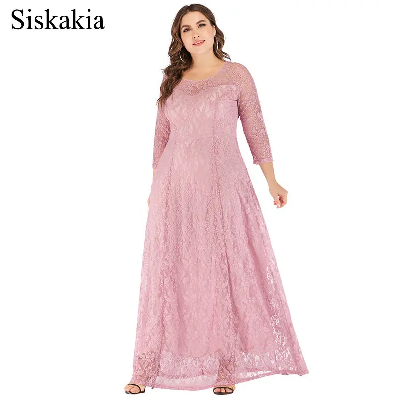 

Siskakia Solid Lace Long Dress Pink Sweet Ladies Party Dresses Elegant Round Neck 3/4 Sleeve Swing Maxi Dress Autumn Fall 2019