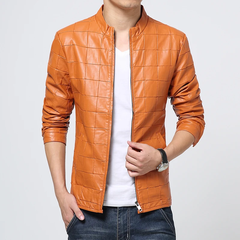 

High Quality Pu Leather Jacket Men Fashion 2019 Autumn New Motorcycle Jacket Men Plus Size Solid Plaid Men's Jackets Coats Man