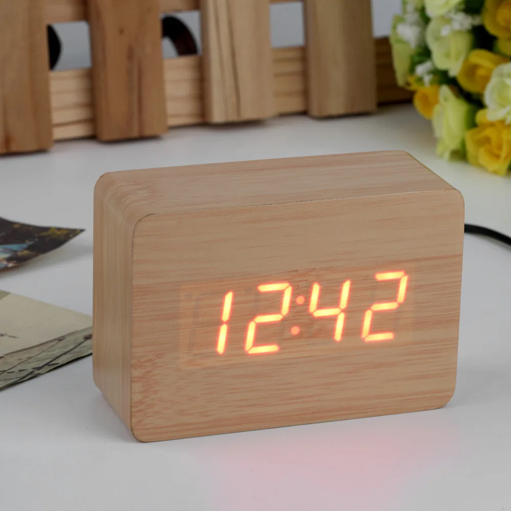 2018 Popular Modern sensor Wood Clock Dual led display Bamboo Clock digital alarm clock Led Clock Show time Voice Control