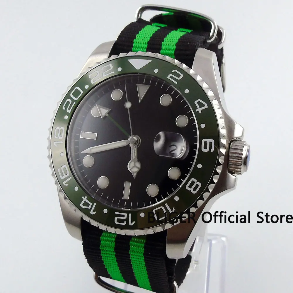 

Sapphire Crystal 40MM BLIGER Black Sterile Dial Green Ceramic Bezel GMT Function Luminous Automatic Movement Men's Wristwatch
