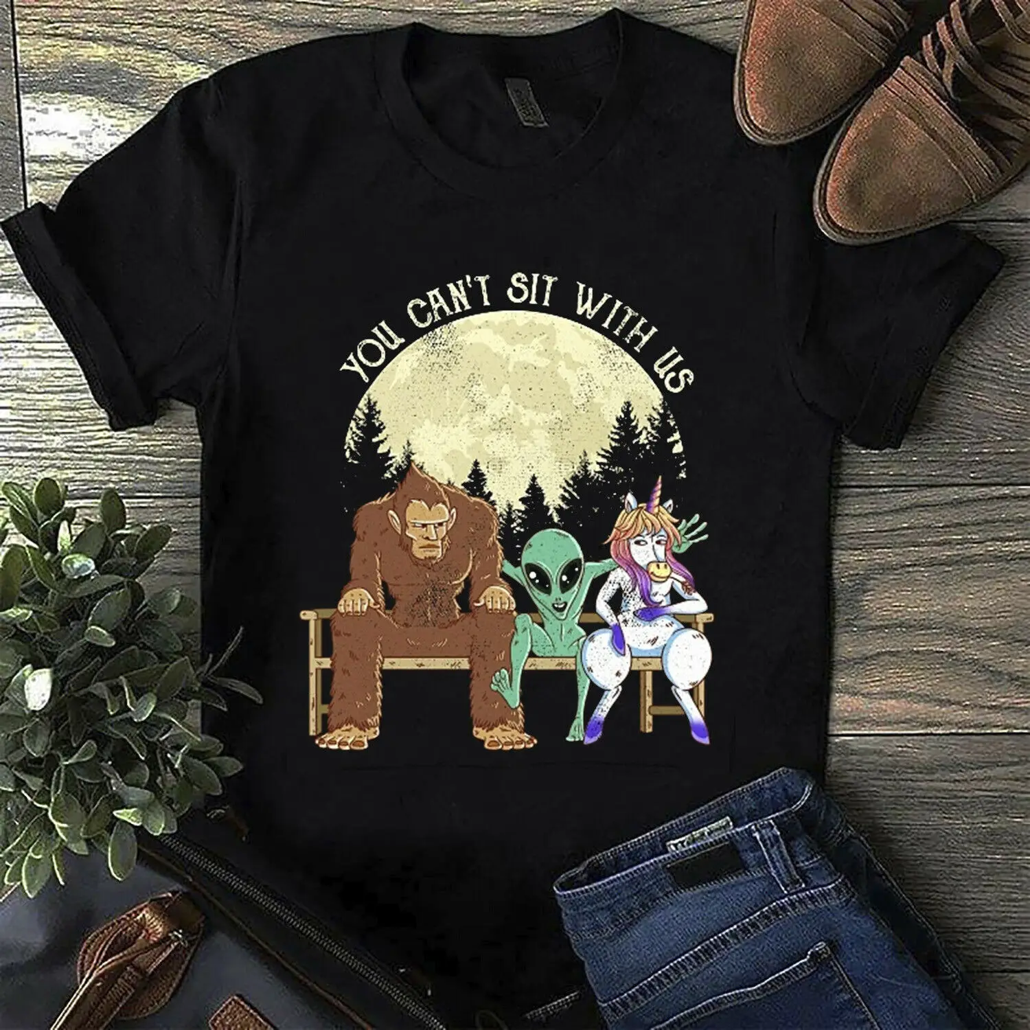 

Bigfoot Alien And Unicorn You Can'T Sit With Us Men'S Black T Shirt Cotton S 4Xl