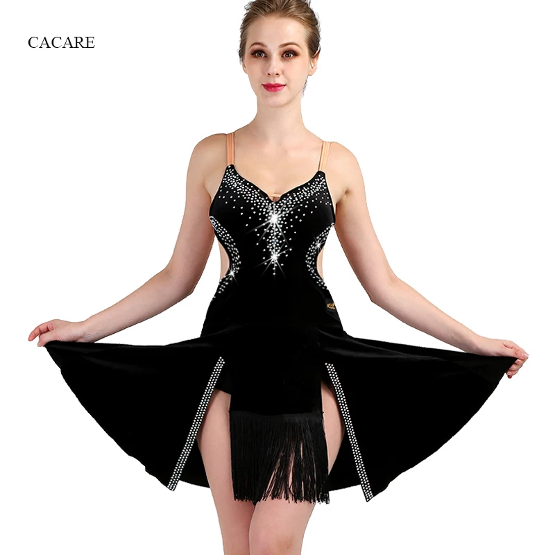 Latin Dance Dress Women Salsa Wear Lyrical Costumes with Tassels Black D0439 Shinning Rhinestones Bra Cup Backless | Тематическая