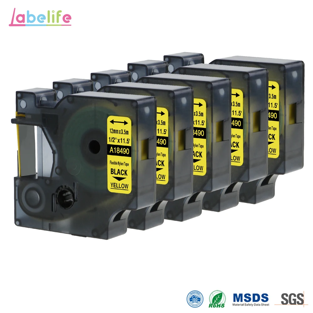 5 Pack 18490 Rhino Flexible Nylon Label For DYMO S0718080 Black on Yellow 12mm Industrial Labels
