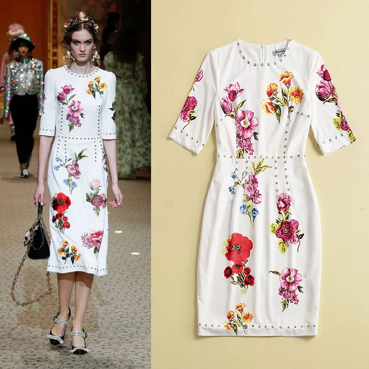 

Spring Summer 2019 Foreign Trade Women's Wear Walking Show Seven-Dimensional Sleeve Nail Drill Decorative Mid-long Printed Dress