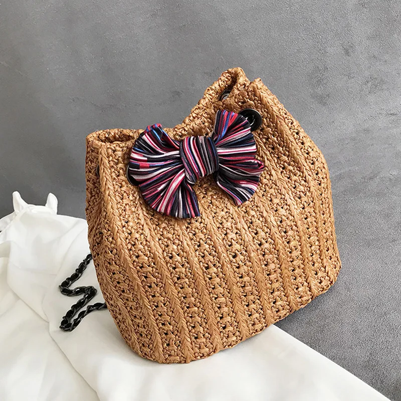 Handmade Woven Rattan Bucket Women Shoulder Bag Fashion Bow Crossbody