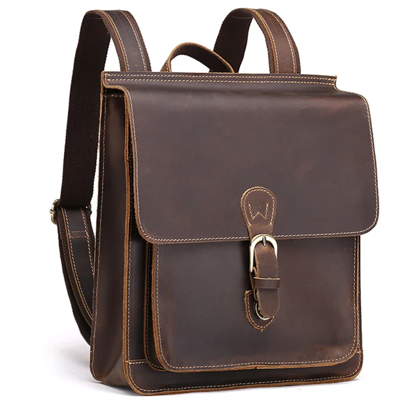 

High Quality Genuine Leather Men Backpack Women Knapsack Retro Unisex School Daypack 100% Craze Horse Cowhide Travel Rucksack