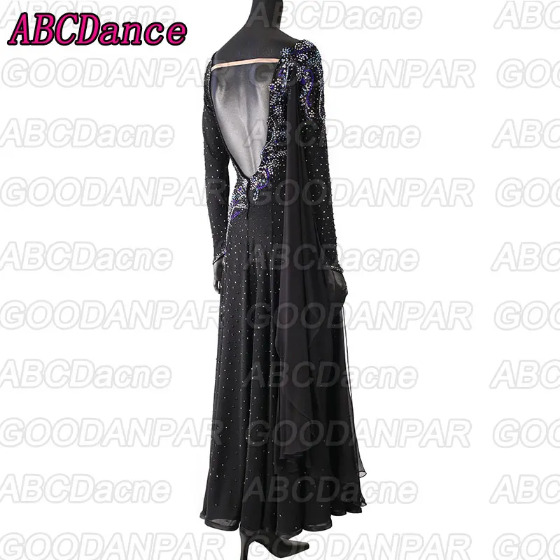 Черный танцевальный зал состязание платье с длинными рукавами Холтер вальс фокстрот платье для танцев профессиональный современный танцевальный костюм