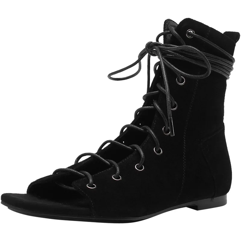 

Carole Levy Peep Toe Black Brown Cross-tied Lace-up Low Heels Woman Shoes Summer Female Hollow Out Ankle Boots Lady Short Boots