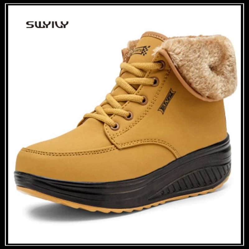 

SWYIVY Women Toning Shoes Winter Warm Plus Velvet Wedge Sneakers 2018 New Non-slip High Top Female Snow Short Boots Lose Weight