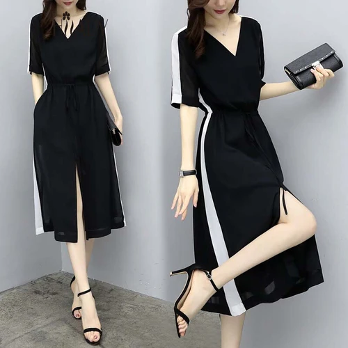 

Summer Lady Black Korean Sexy Open Side Split Dress Korean Plus Size Chic V Neck Dresses Fashion Patchwork Brief Vestidos