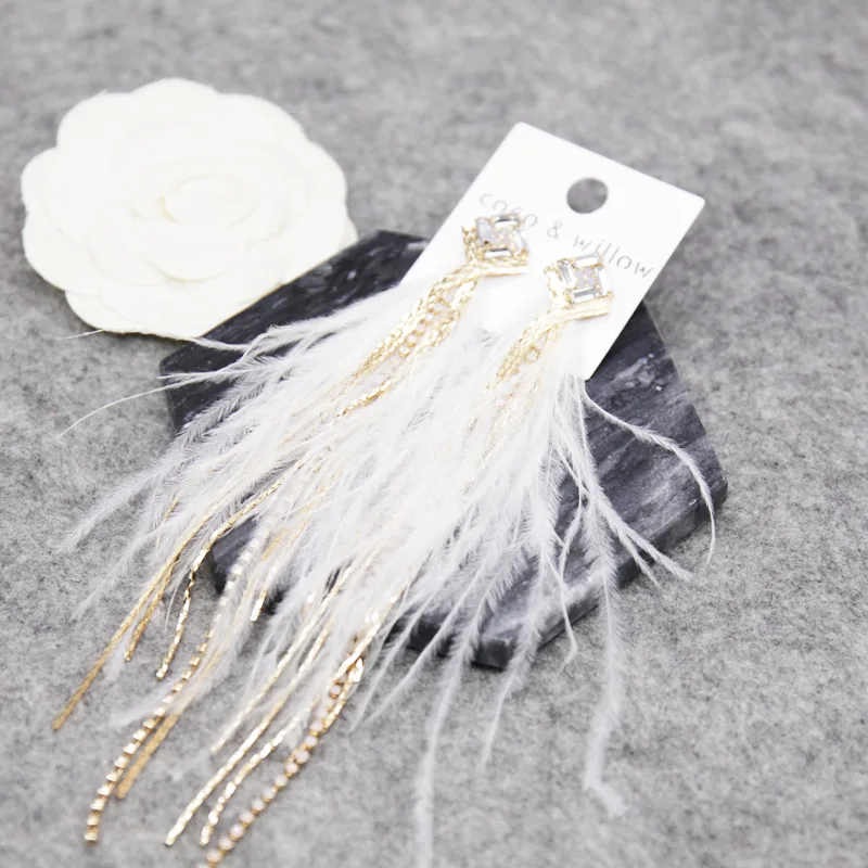 Coco&Willow stone and crystal chain feather long drop earrings, ostrich feather bohemian style fashion earring for women