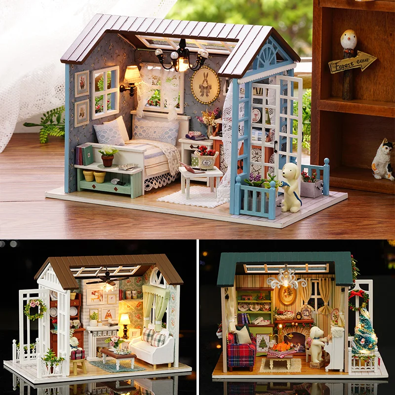 Online Casa de muñecas miniatura DIY casa de muñecas con muebles estilo Retro americano casa de madera hecha a mano juguete bosque veces Z007 # E