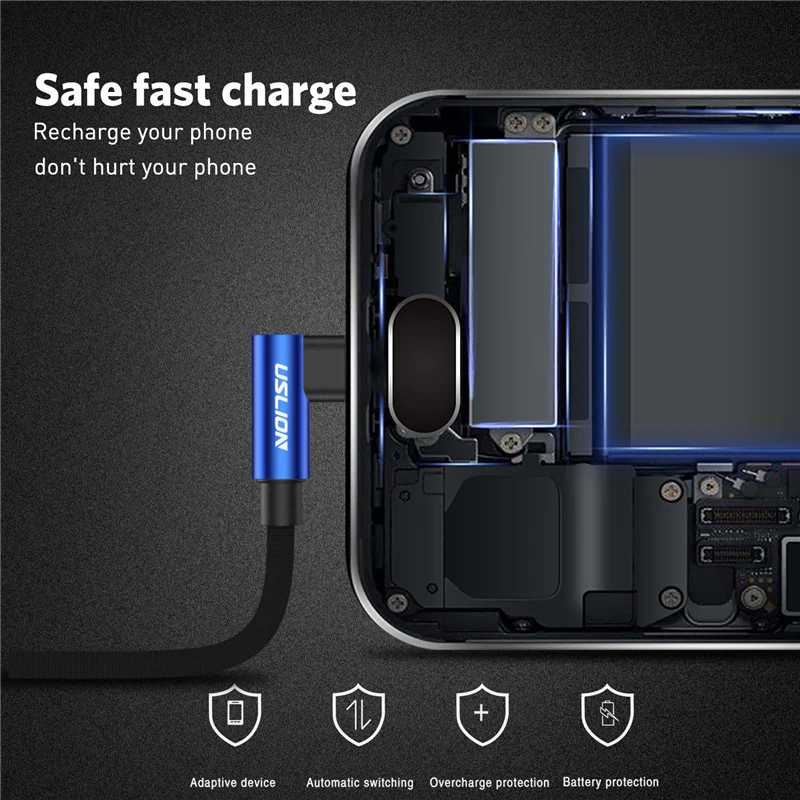 USLION 90 градусов Micro USB кабель для samsung Xiaomi huawei 2A быстрое зарядное устройство Android