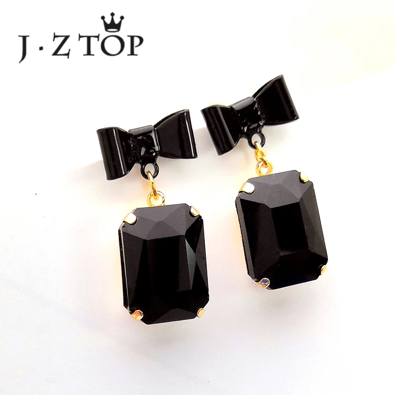 

JZTOP Lady Classic Black Bow Tie Crystal Stud Earrings Luxury Big Rhinestone Earring For Woman Wedding Jewelry Boucle D'oreille