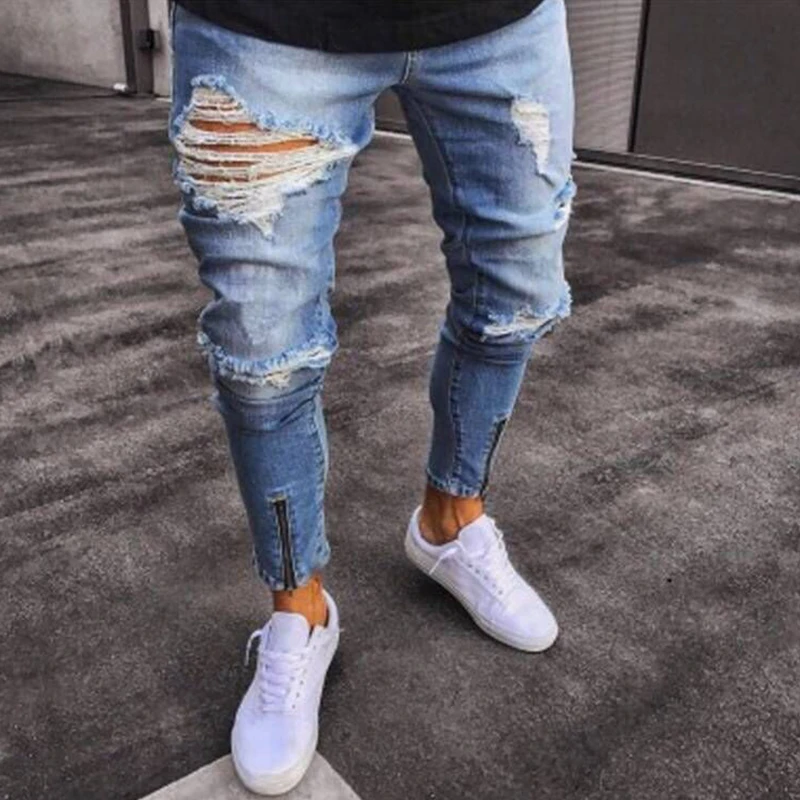  Moda Masculina Solidos Motociclista Zipper Fly Jeans Destruido Buraco Desgastado Rasgado Skinny Slim Fit Calcas Lapis Denim 