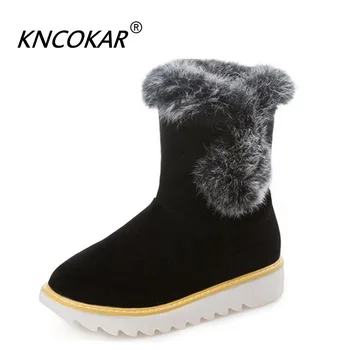 

KNCOKAR Winter new European and American fashion ground rabbit hair shoes mouth casual flat snow boots round head women's shoes