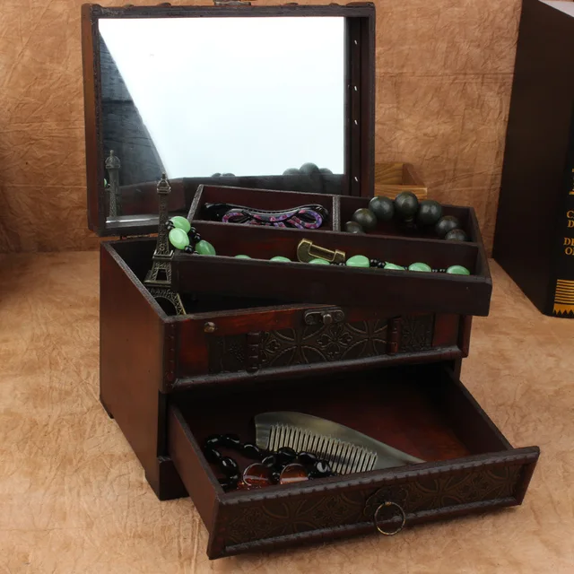 Vintage Storage Jewelry Box Cosmetic Organizer Box With Mirror Vintage Storage Jewelry Box Cosmetic Organizer Box with Mirror Wooden Organizador Chinese Retro Antique Case for - Vintage Storage Jewelry Box Cosmetic Organizer Box With Mirror