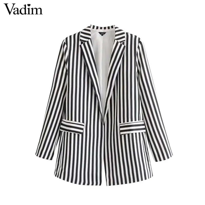 Vadim women chic office wear striped blazer pockets long