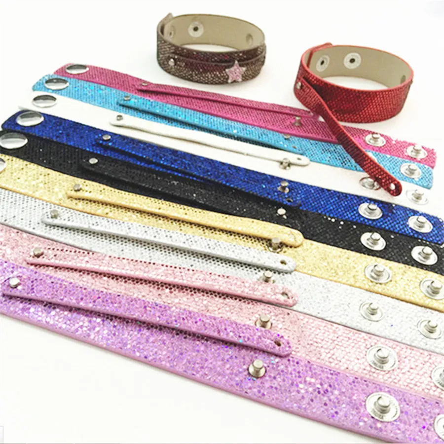 

Sales 18+8MM PU Leather Paillette Wristband DIY Bracelets Fit 8MM Slide Charms Slide Letters Snaps WB94