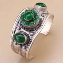 Зеленый камень Камень Манжеты Браслет Тибет Серебряный Цветок Бисера^@^ GP стиль Благородный Натуральный камень