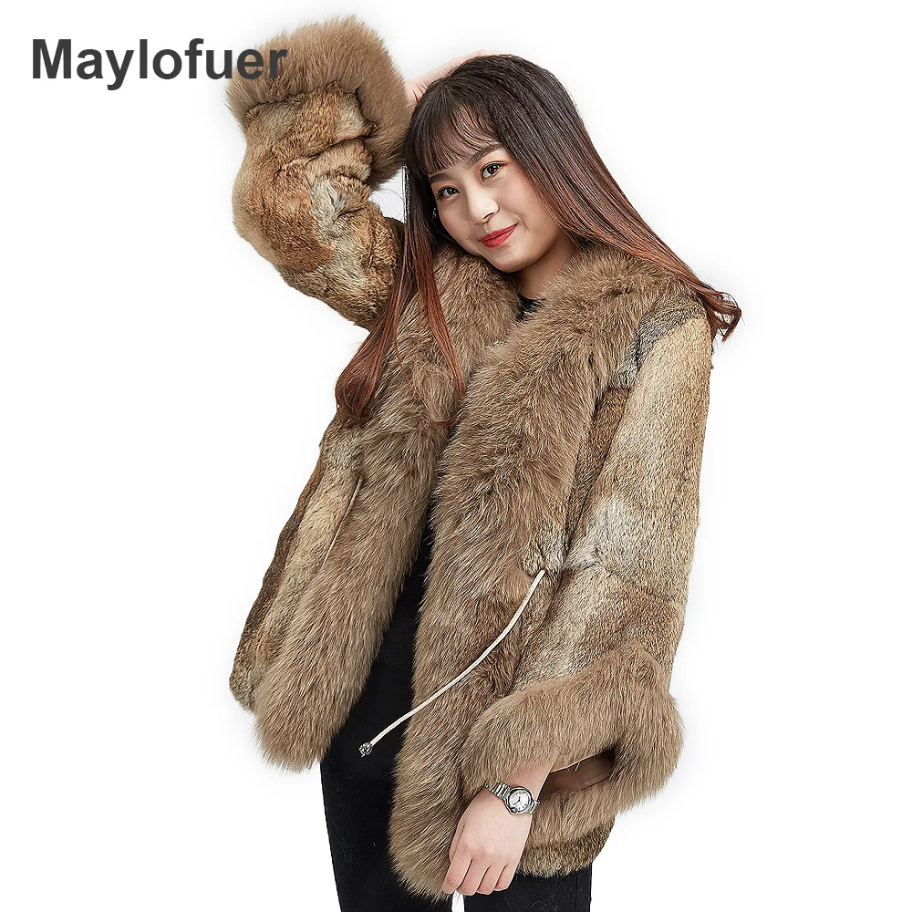 

Maylofuer Natural Rabbit Fur Coat Winter Fur Coats for Woman Genuine Fur with Real Raccoon Fur Collar Fashion Bat Sleeves