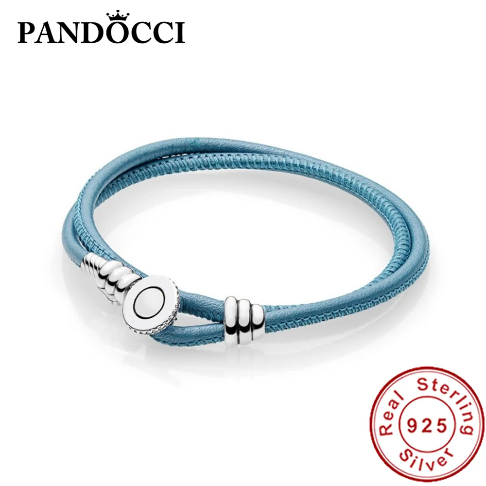 

PANDOCCI 925 Sterling Silver Double Leather Bracelet, Clear CZ Diy Original Temperament Retro Charms Jewelry Women Gifts