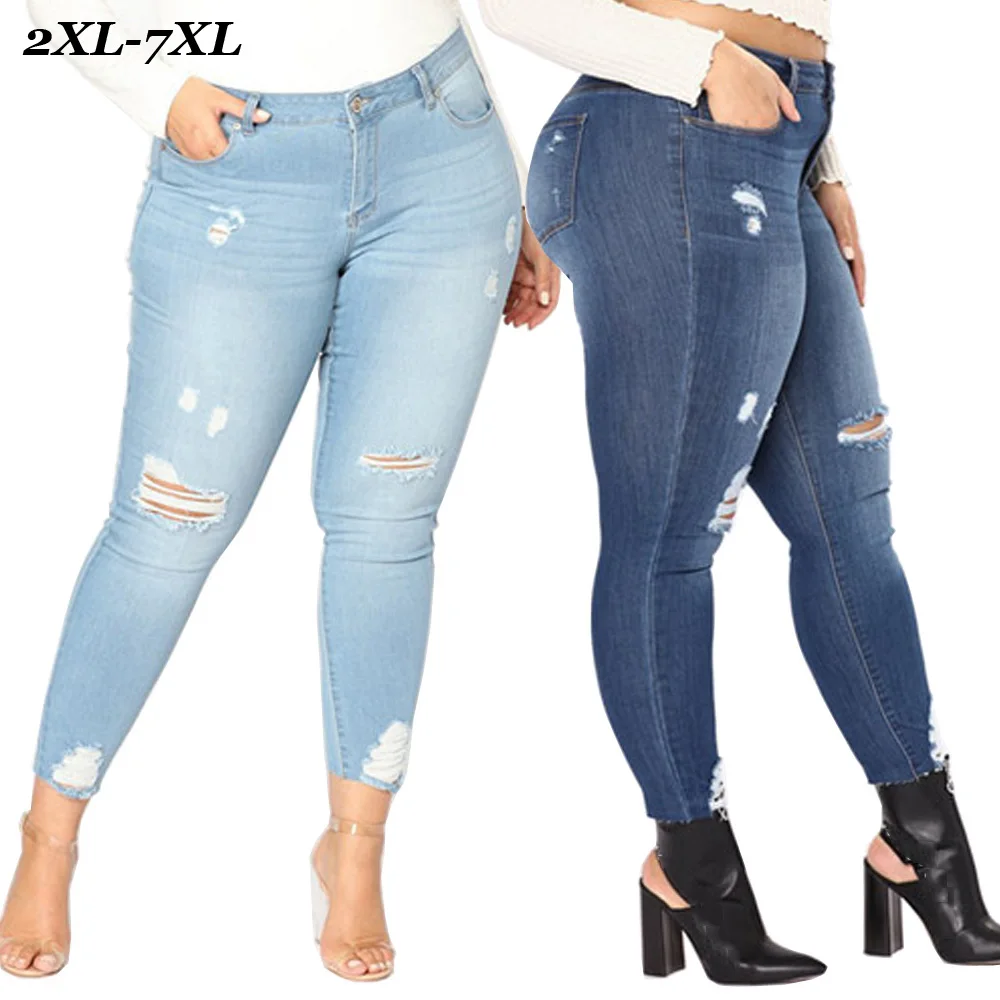 Joineles размера плюс 7XL обтягивающие джинсы женские джинсовые брюки с дырками рваные брюки-карандаш до колена повседневные брюки Стрейчевые рваные джинсы