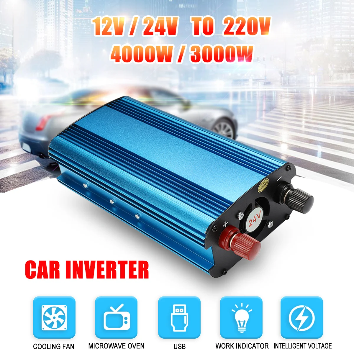 

Voltage Transformer Peak 3000W/4000W LED Solar Power Inverter DC 12/24V to AC 220V Car Sine Wave USB Converter Overload Protect