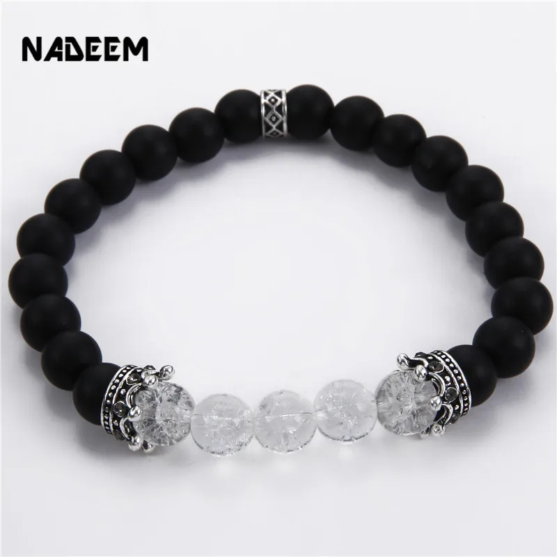 

NADEEM Luxury Brand Double Crown Charm Bracelets For Men Black Matte Stone Bead Bracelet Bangle Jewelry Gift pulsera hombres