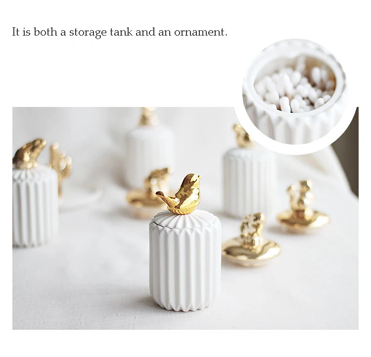 Dustproof With Lid Animal Cotton Swab Ceramic Jar Glass Containers White Desktop Jewelry Storage Tank Home Decoration Storage