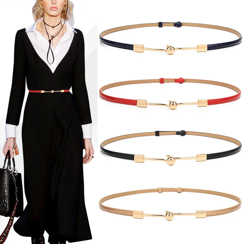 

New Decorate Belt Black Simple Dress Waistbands Red PU Leather Thin Waistband Black Adjust Strap Lady Gold Buckle Women Belts