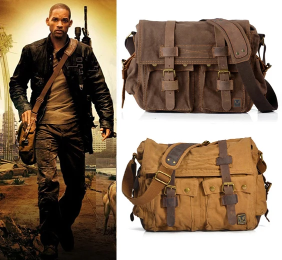 I AM LEGEND Will Smith military canvas Genuine font b leather b font Men messenger bag