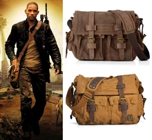 I AM LEGEND Will Smith militar de lona + cuero Genuino de Los Hombres la bolsa de mensajero bolsa de lona del bolso de hombro Crossbody Bolsa Casual 2016