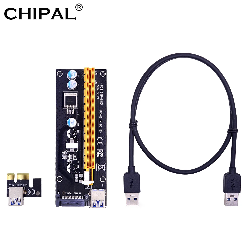 

CHIPAL Black 007S PCI-E Riser Card 007 PCIE 1X to 16X Extender 15Pin SATA Molex Power 60CM USB 3.0 Cable for Miner