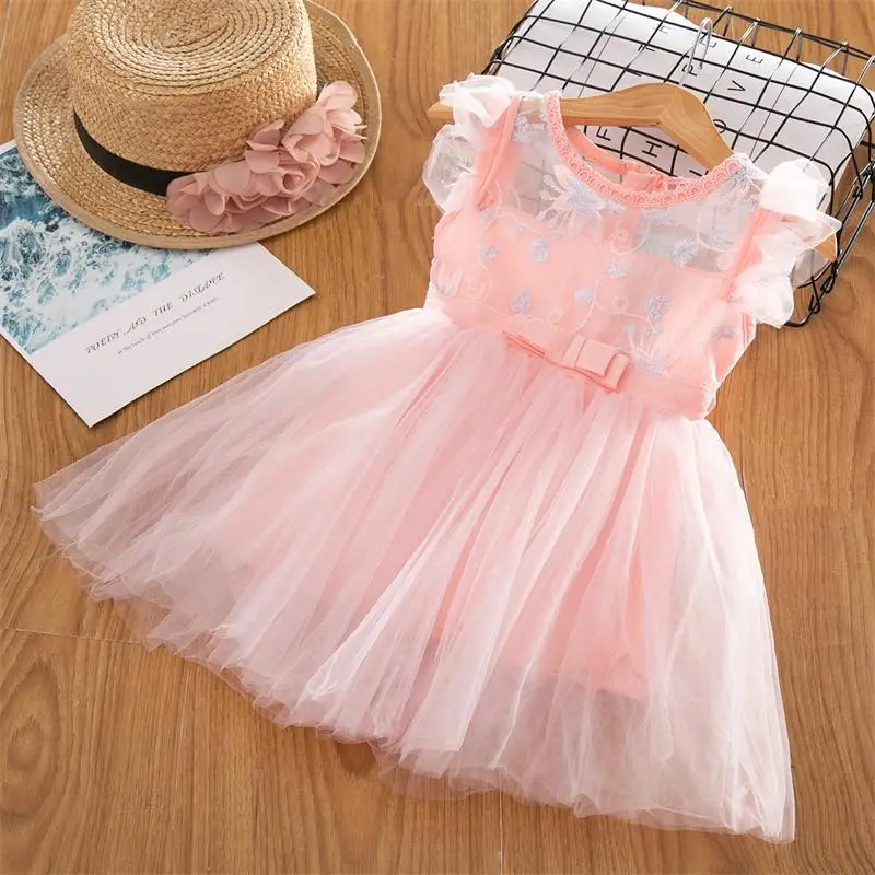 Летнее платье без рукавов для маленьких девочек; кружевное платье принцессы с вышивкой; Сетчатое платье; одежда для маленьких девочек; Детские платья; повседневная одежда