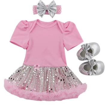 

3PCs per Set Baby Girl Pink Plain Romper with Attached Silvery Bling Sequins Pink Tutu Dress with Headband Shoes for 0-24months