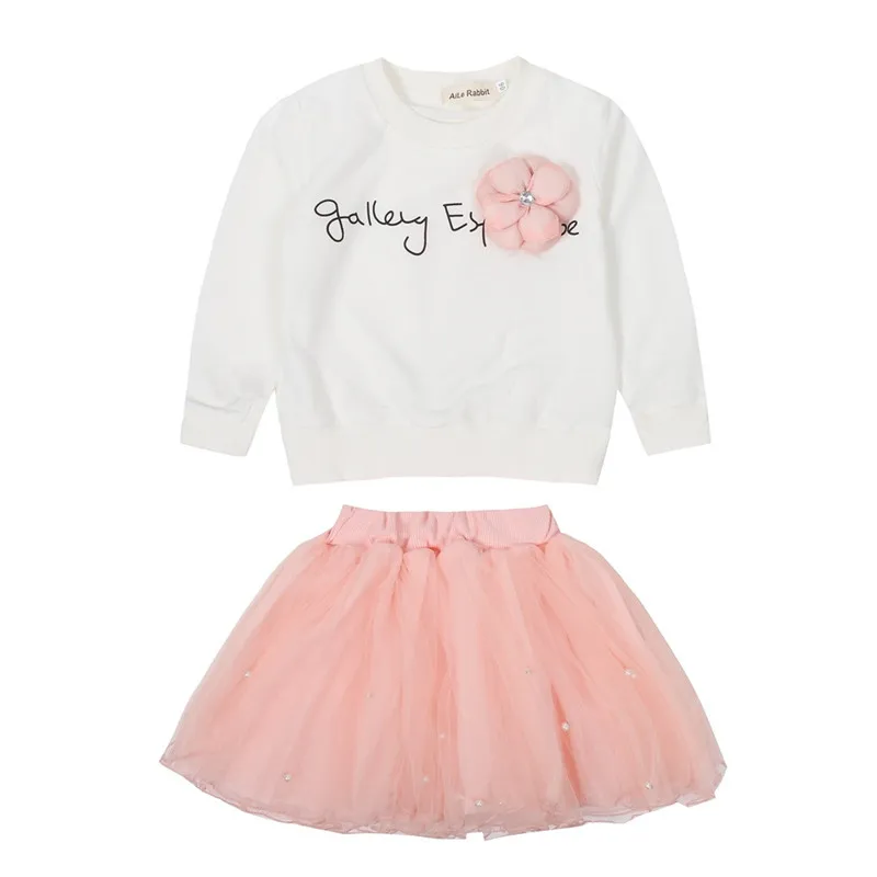 

DFXD New 2018 Korean Girls Clothing Sets Toddler Long Sleeve Letter Flower Top+Lace Tutu Skirt 2pcs Princess Girls Outfits 2-7Y