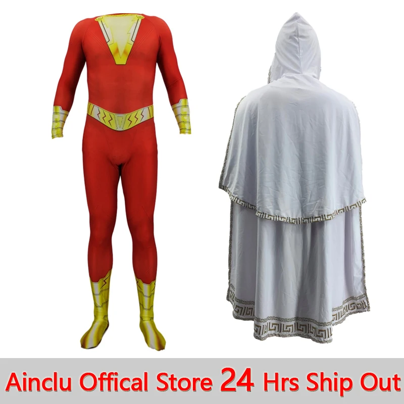 

Shazam Cosplay Captain Marvel Costume Billy Batson Jumpsuit Costumes Marvel Suit with Cloak Superhero Halloween Adults Men Kids