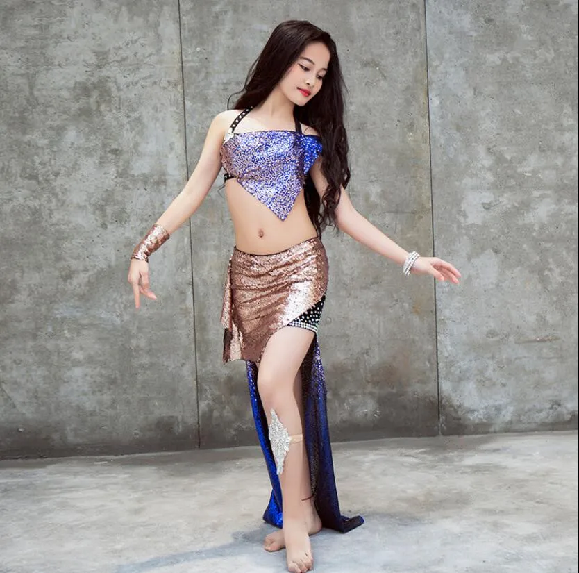 

Professional Kids Girls Bellydance Costume Shine Sequin Children Oriental Dancer Stage Performance Show Clothes (Bra+Skirt)
