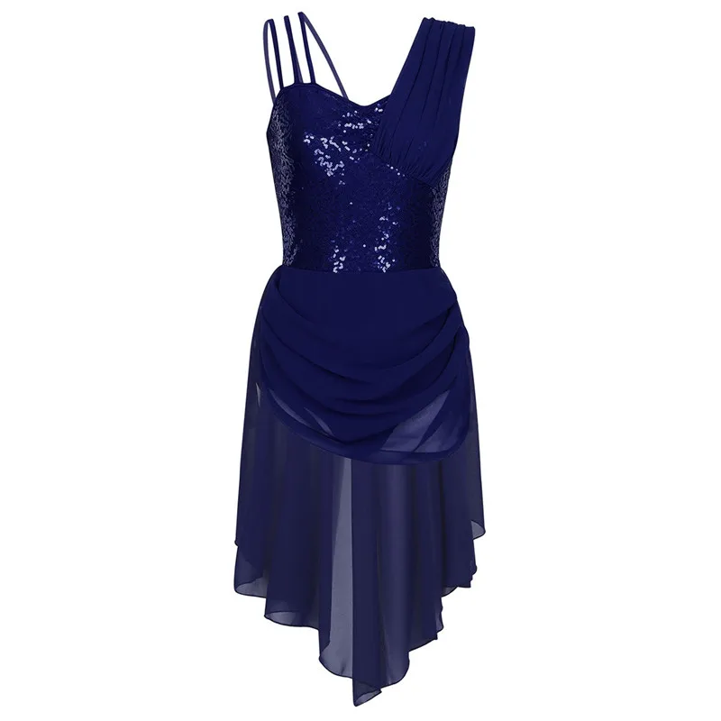 Navy Blue Женское платье на бретельках без рукавов с блестками, асимметричное шифоновое платье, балетные и гимнастические трико, костюмы для сценических выступлений - Цвет: Navy Blue