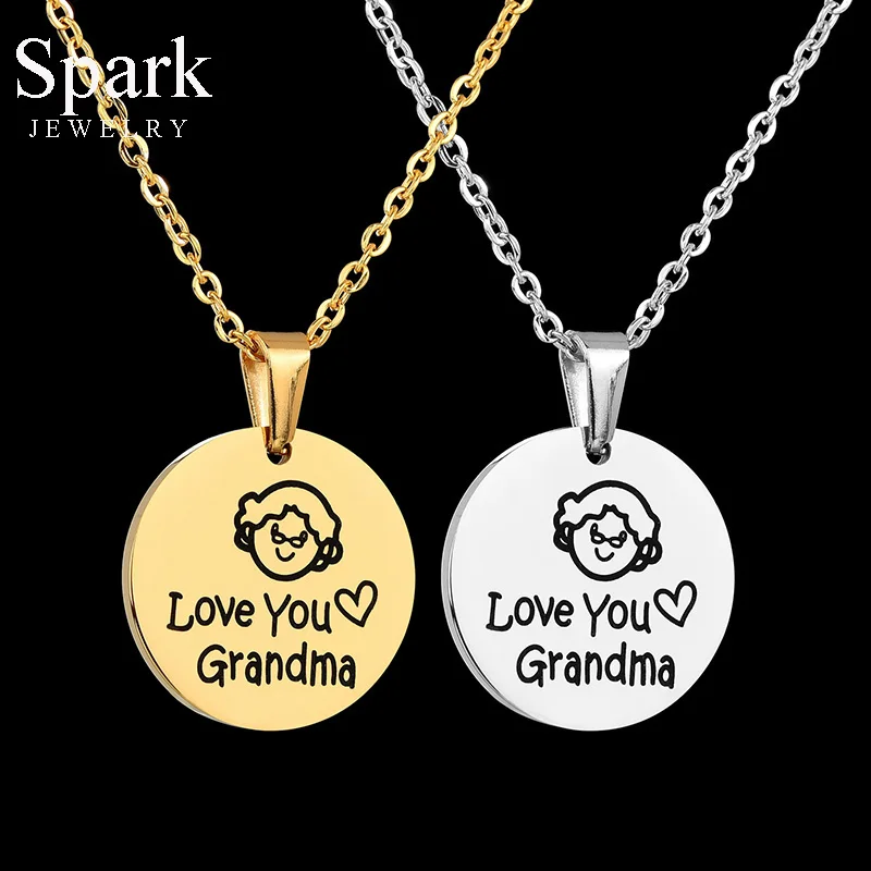 

Spark Love You Grandma Family Necklace Cartoon Grandmother Love Heart Round Pendant Necklaces For Women Birthday Gift Jewelry