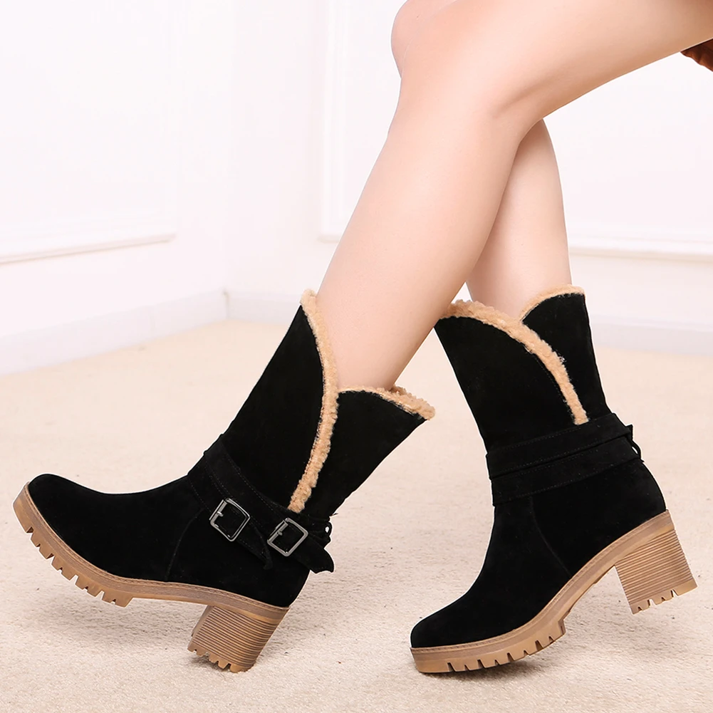 

SARAIRIS hot sale russia warm plush big size 34-43 chunky heels boots woman shoes slip on fur winter shoes mid calf boots woman