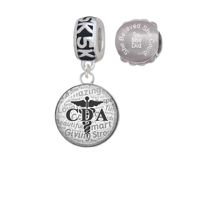Silvertone Domed Black CDA 5K Run She Believed She Could Charm Beads (Set of 2)