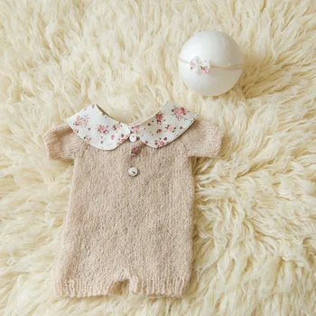 

HIKYMA Newborn photography props knitted romper +floral headband round neck suit baby studio photo shooting outfits accessories