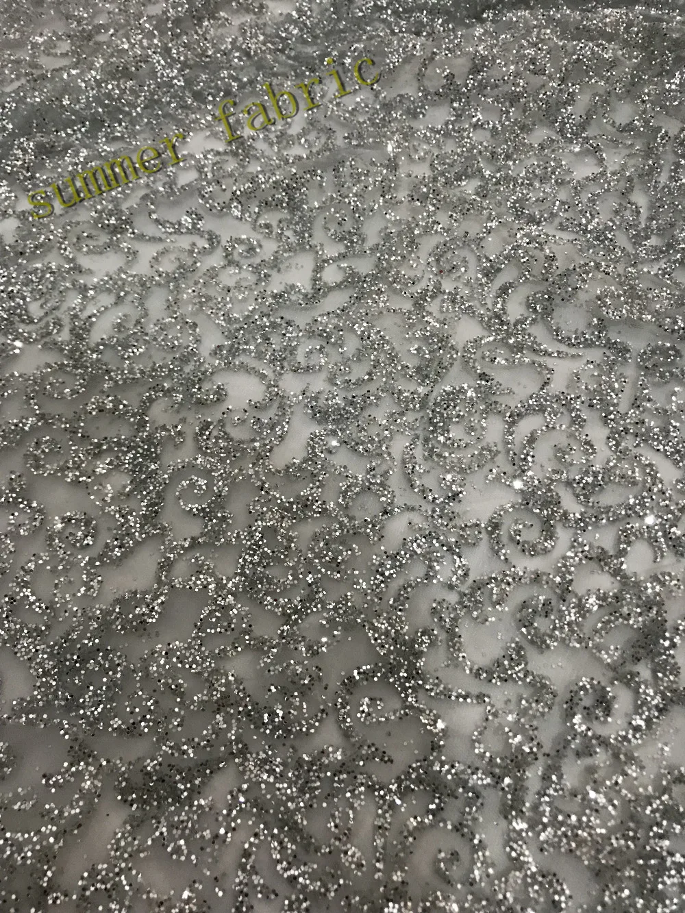 Shining glued glitter embroidery sequins tulle lace fabric Silver