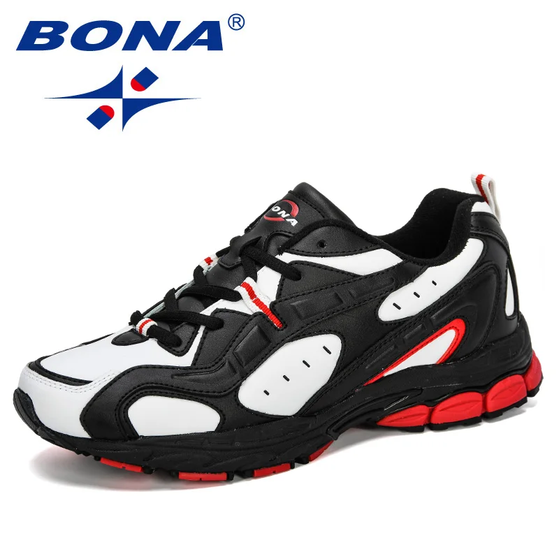 BONA New Style Sports Shoes Men Sneakers Lace-Up Cow Split Breathable Walking Shoes Outdoor Running Shoes Man Jogging Shoes - Цвет: White black red