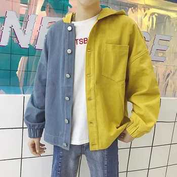 

2018 Autumn New Men's Jacket Fashion Cowboy Cartoon Printed Spliced Color Even Cap Jackets Loose Casual High Quality Denim Coats