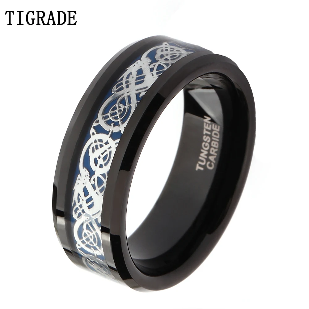 

8mm Black Tungsten Carbide Ring Men Silver Celtic Dragon Inlay Polished Finish Edge Wedding Band Fashion Jewelry Comfort Fit