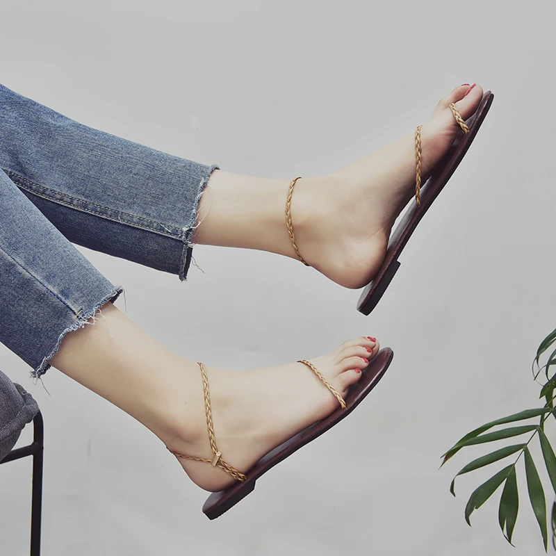 Weweya Narrow Band Flat Sandals Woman Open Toe Shoes Women Beach Sandal